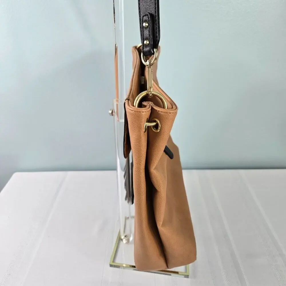 Liz Claiborne Zipper Shoulder Hobo Bag Purse Tan with Black Tassel and Handle